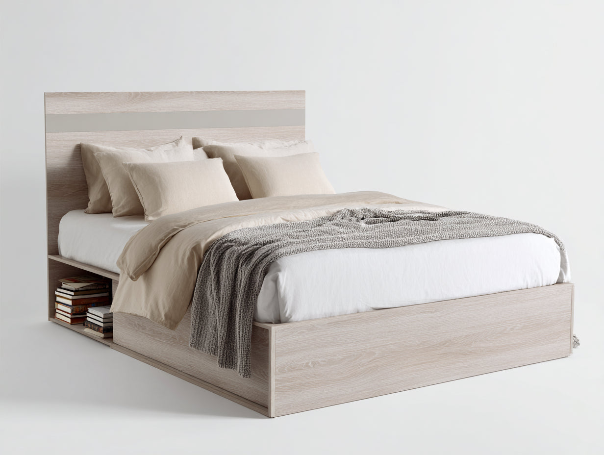 Camas dobles de madera 205x165x95 cm - roble claro-gris - con cabecero y almacenaje lateral