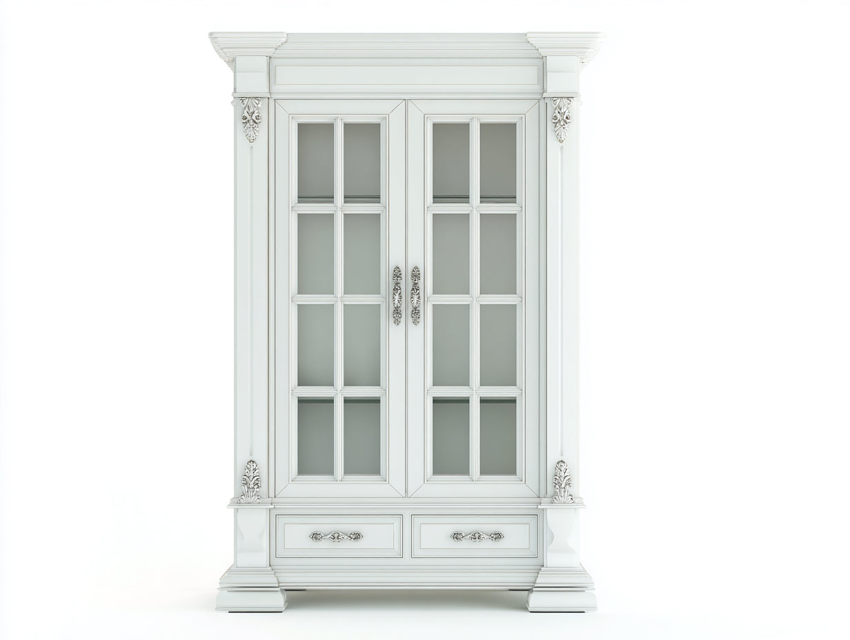 Vitrinas 110x42x200 cm - madera y vidrio blanco - estilo clásico con 2 puertas y 2 cajones