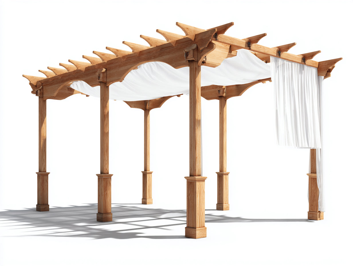 Pérgola de jardín 400x300x240 cm - madera marrón y tela blanca - estilo natural para exterior