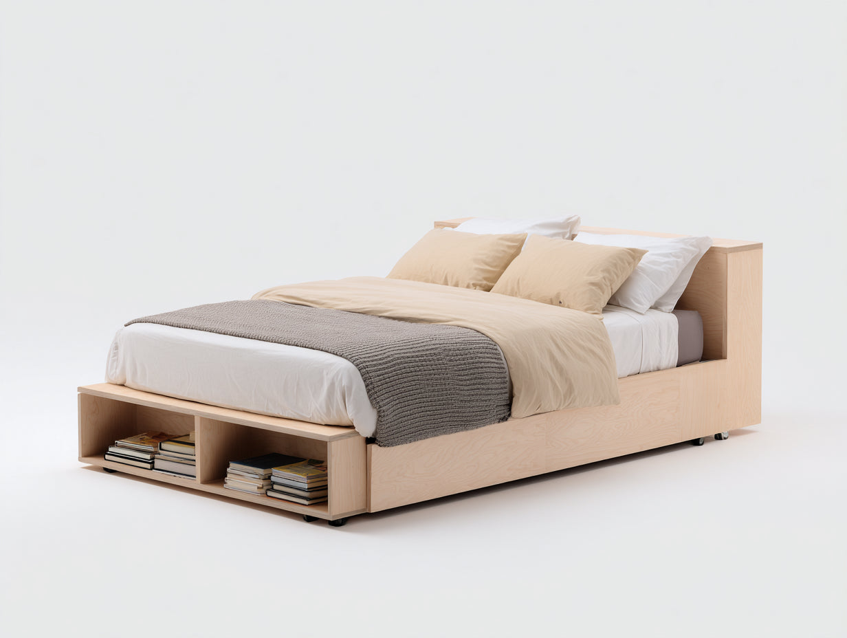 Camas dobles de madera 210x165x85 cm - madera clara - con almacenaje frontal