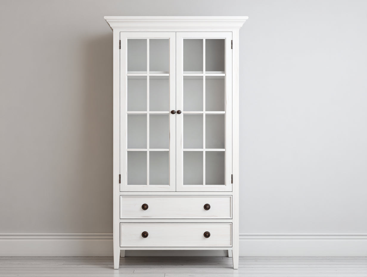 Vitrinas de madera técnica 92x42x190 cm - blanco envejecido - diseño clásico para salón