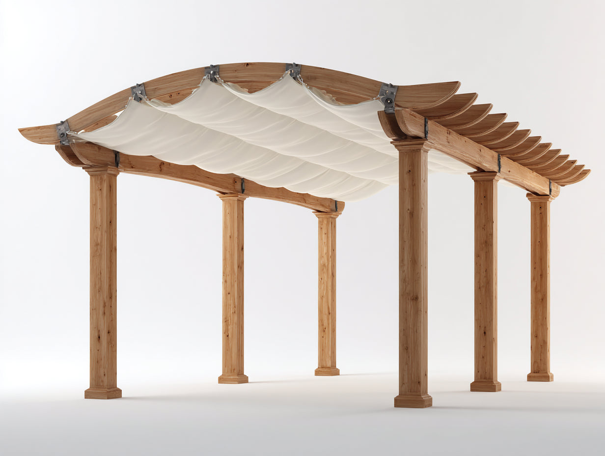 Pérgola de jardín 420x300x245 cm - madera marrón y tela beige - estilo natural para exterior