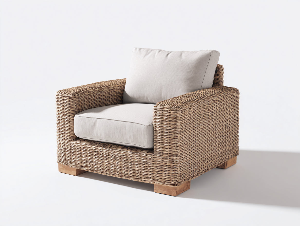Sillones de ratán con asiento acolchado 104x90x82 cm - marrón-beige - diseño exterior de brazos anchos