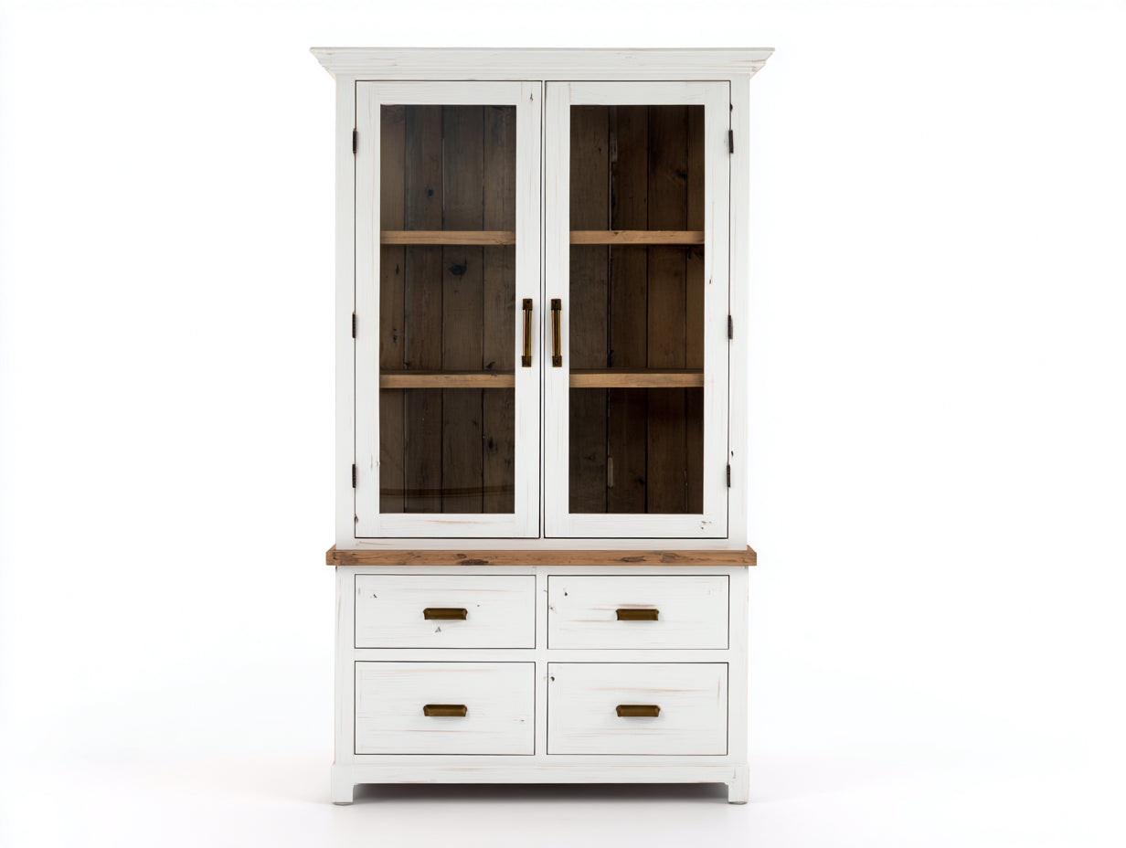 Vitrinas 100x42x190 cm - madera y vidrio blanco-marrón - estilo rústico con 2 puertas y 4 cajones