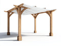 Pérgola de jardín 350x300x240 cm - madera marrón y tela blanca - estilo natural para exterior