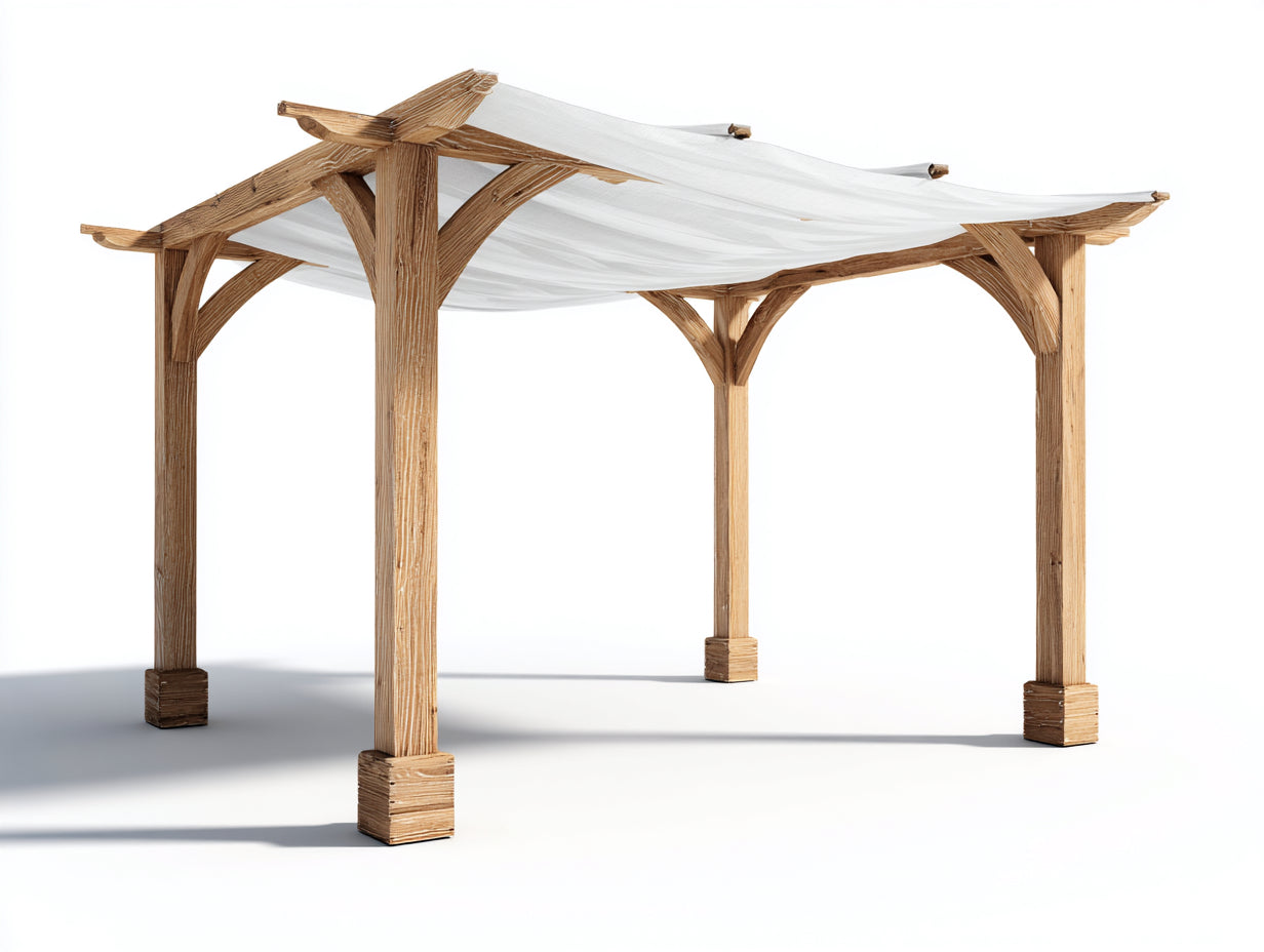Pérgola de jardín 350x300x240 cm - madera marrón y tela blanca - estilo natural para exterior