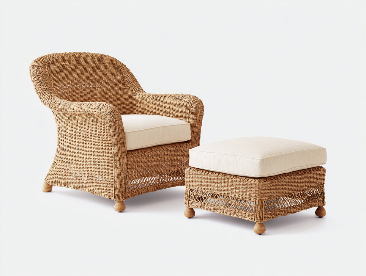 Sillones de ratán ratán y tela 85x80x88 cm - marrón-beige - diseño clásico con reposapiés