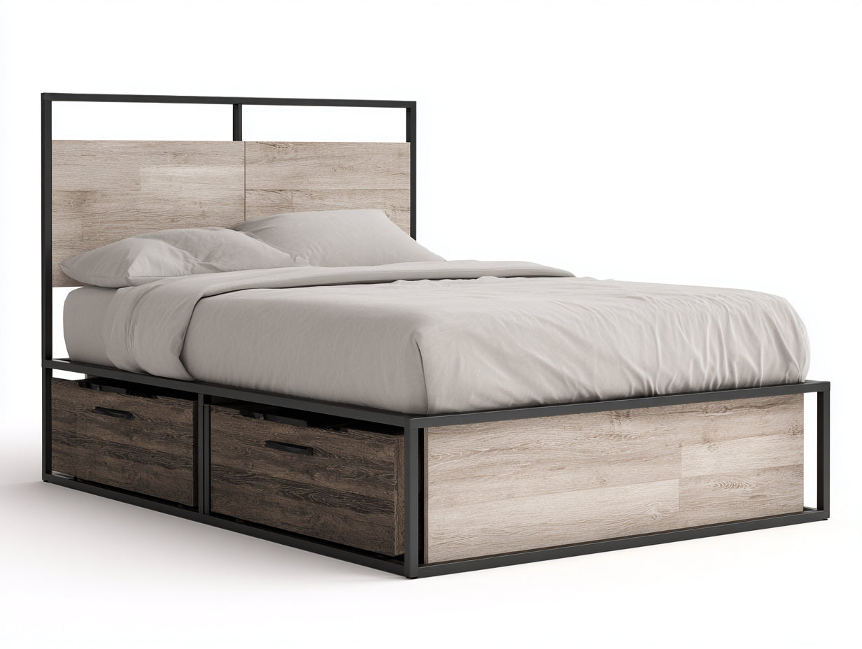 Camas dobles 200x160x105 cm - metal negro y madera marrón-beige - estilo industrial con 2 cajones