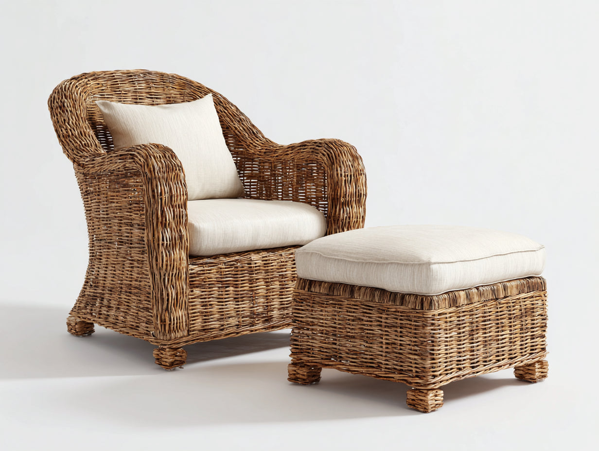 Sillones de ratán ratán y tela 88x82x90 cm - marrón-beige - diseño rústico con reposapiés